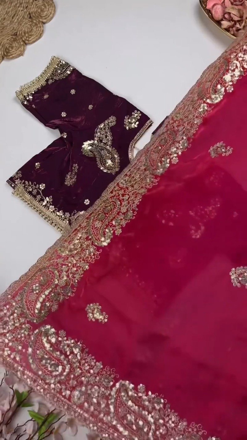 Opulent Paisley Embellished Saree Ensemble β Available in Crimson & Deep Plum - Image 7
