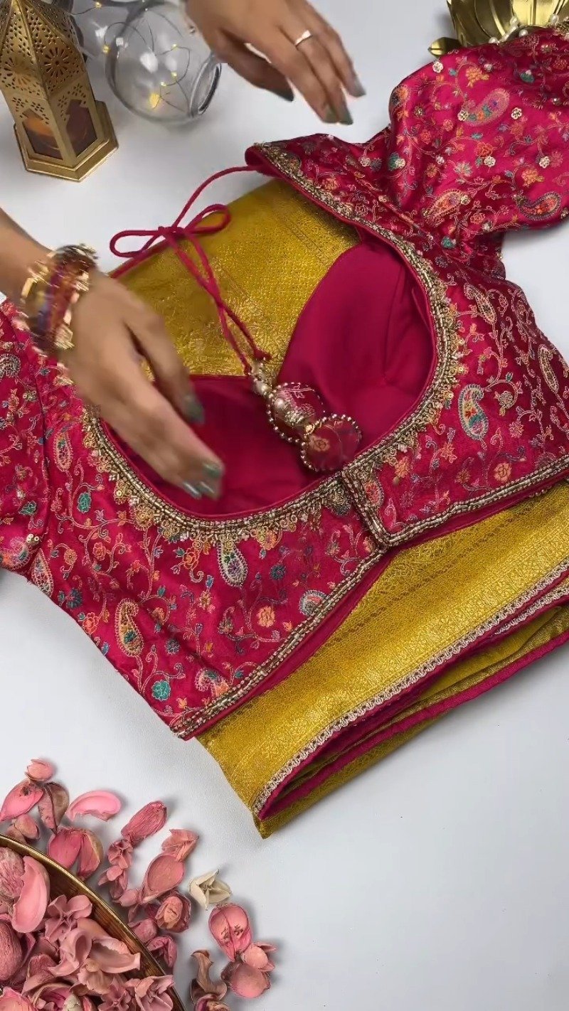 Opulent Hand-Embellished Silk Saree with Contrast Designer Blouse โ Available in Mustard & Pink