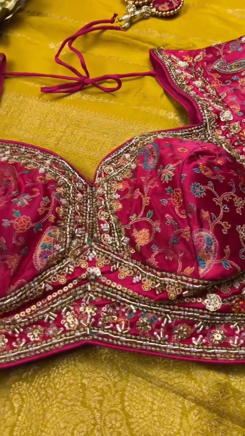 Opulent Hand-Embellished Silk Saree with Contrast Designer Blouse โ Available in Mustard & Pink - Image 4