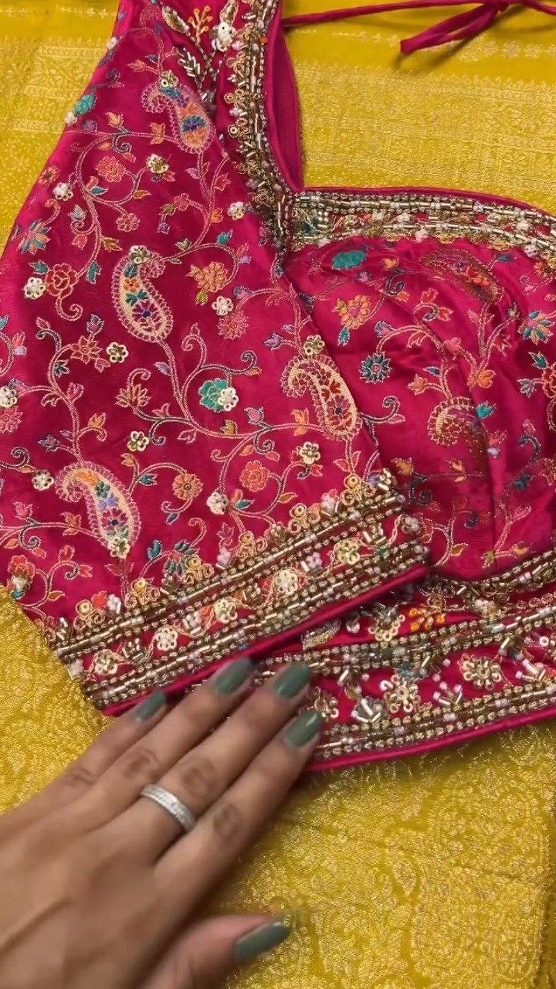 Opulent Hand-Embellished Silk Saree with Contrast Designer Blouse โ Available in Mustard & Pink - Image 5