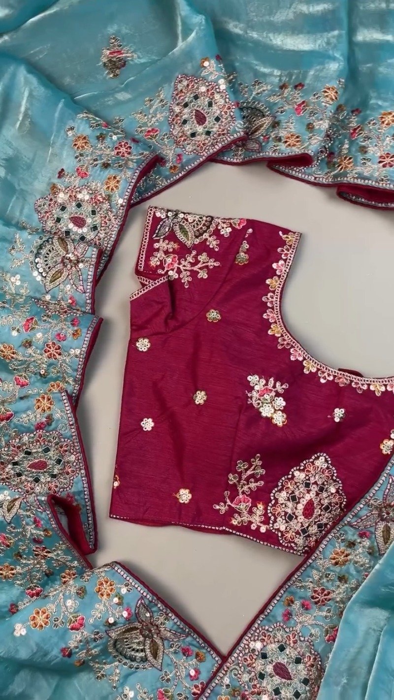 Enchanting Sky-Blue Saree with Magenta Contrast Embellished Blouse β Available in Sky-Blue & Magenta