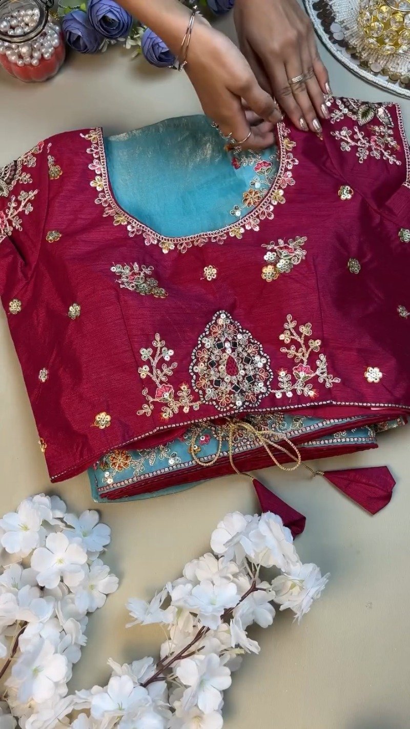 Enchanting Sky-Blue Saree with Magenta Contrast Embellished Blouse β Available in Sky-Blue & Magenta - Image 2