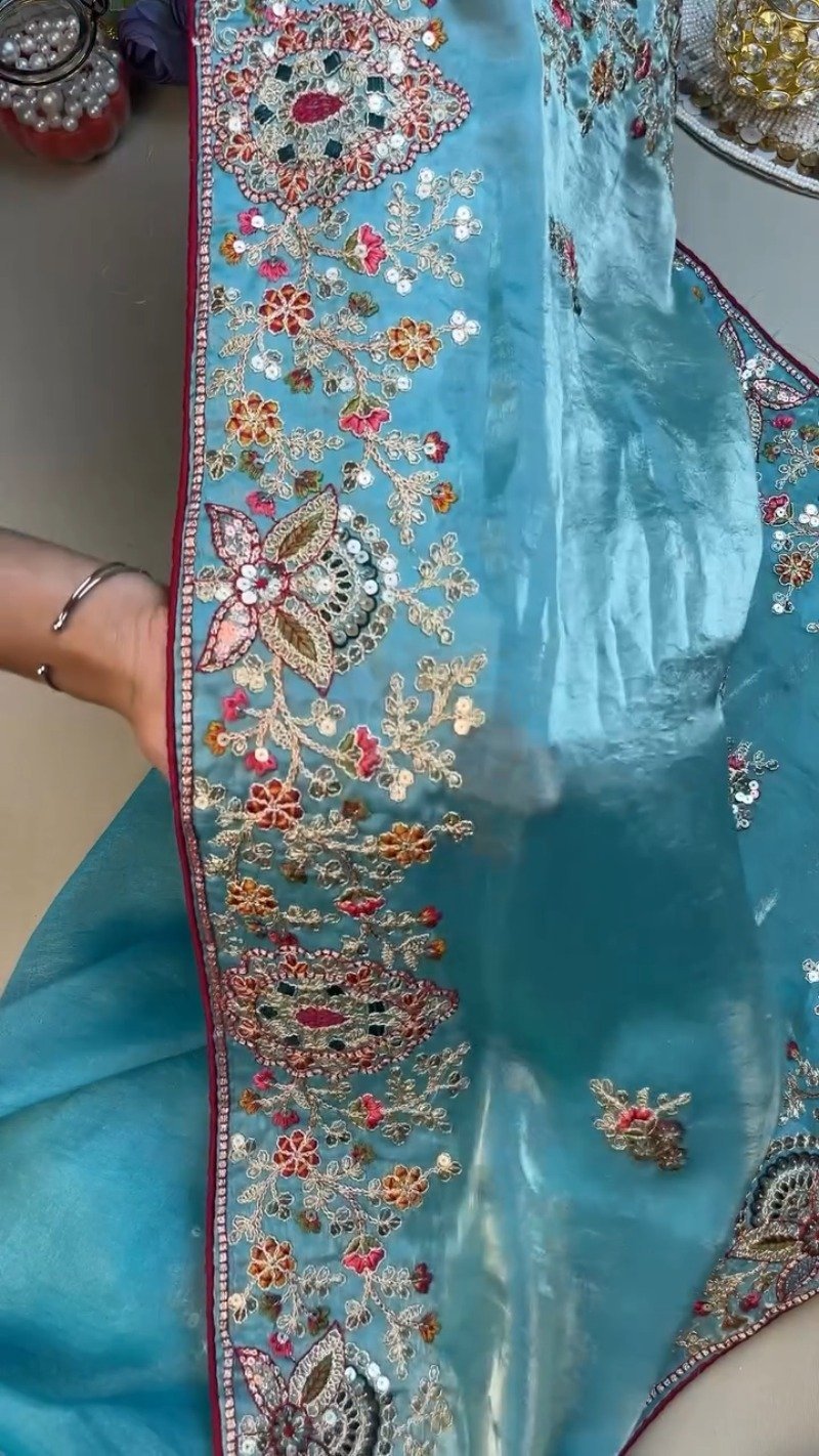 Enchanting Sky-Blue Saree with Magenta Contrast Embellished Blouse β Available in Sky-Blue & Magenta - Image 3