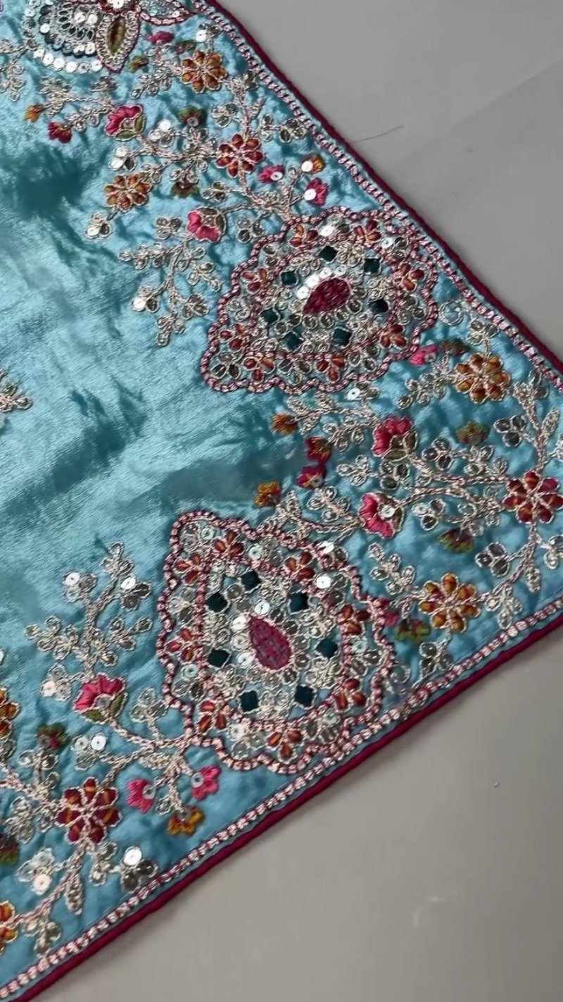 Enchanting Sky-Blue Saree with Magenta Contrast Embellished Blouse β Available in Sky-Blue & Magenta - Image 4