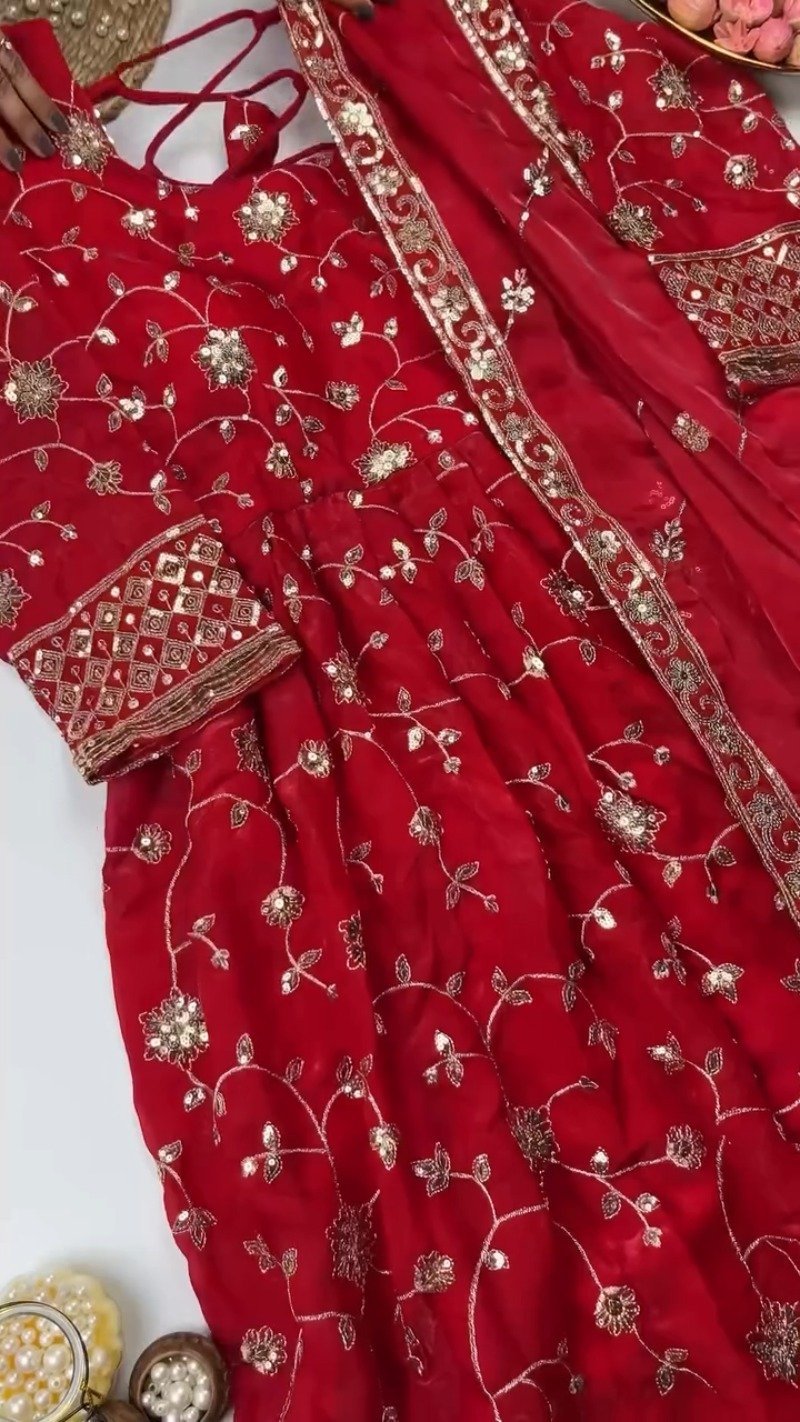 Enchanting Floral Sequined Kurta Set with Dupatta โ Available in Crimson Red & Midnight Blue
