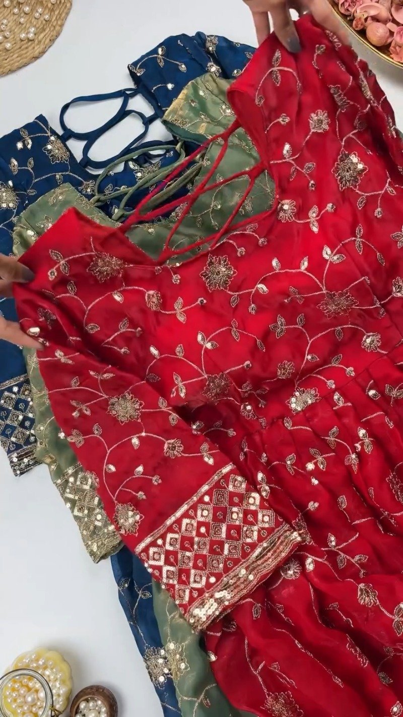 Enchanting Floral Sequined Kurta Set with Dupatta โ Available in Crimson Red & Midnight Blue - Image 2