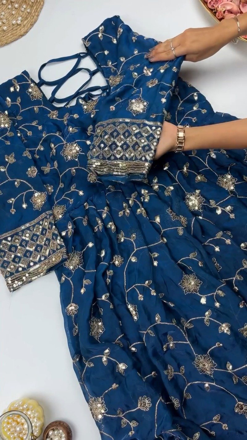 Enchanting Floral Sequined Kurta Set with Dupatta โ Available in Crimson Red & Midnight Blue - Image 3