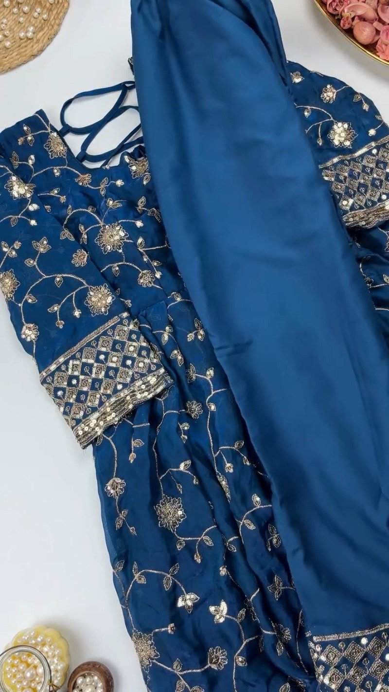 Enchanting Floral Sequined Kurta Set with Dupatta โ Available in Crimson Red & Midnight Blue - Image 4