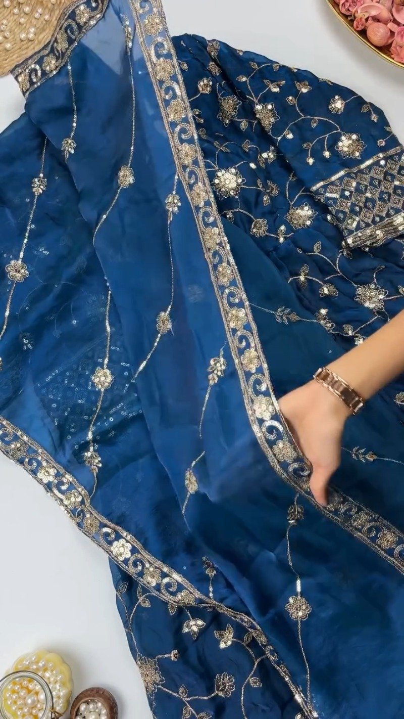 Enchanting Floral Sequined Kurta Set with Dupatta โ Available in Crimson Red & Midnight Blue - Image 6