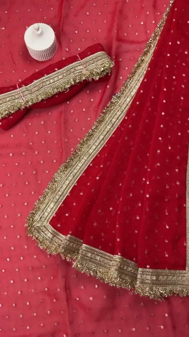 Radiant Sequin-Embellished Chiffon Saree with Ornate Zari Border β Available in Midnight Plum, Festive Red, Emerald Green, Mustard Yellow & Golden Sand