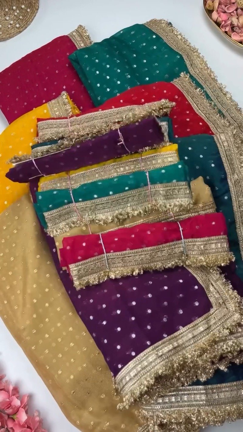 Radiant Sequin-Embellished Chiffon Saree with Ornate Zari Border β Available in Midnight Plum, Festive Red, Emerald Green, Mustard Yellow & Golden Sand - Image 3