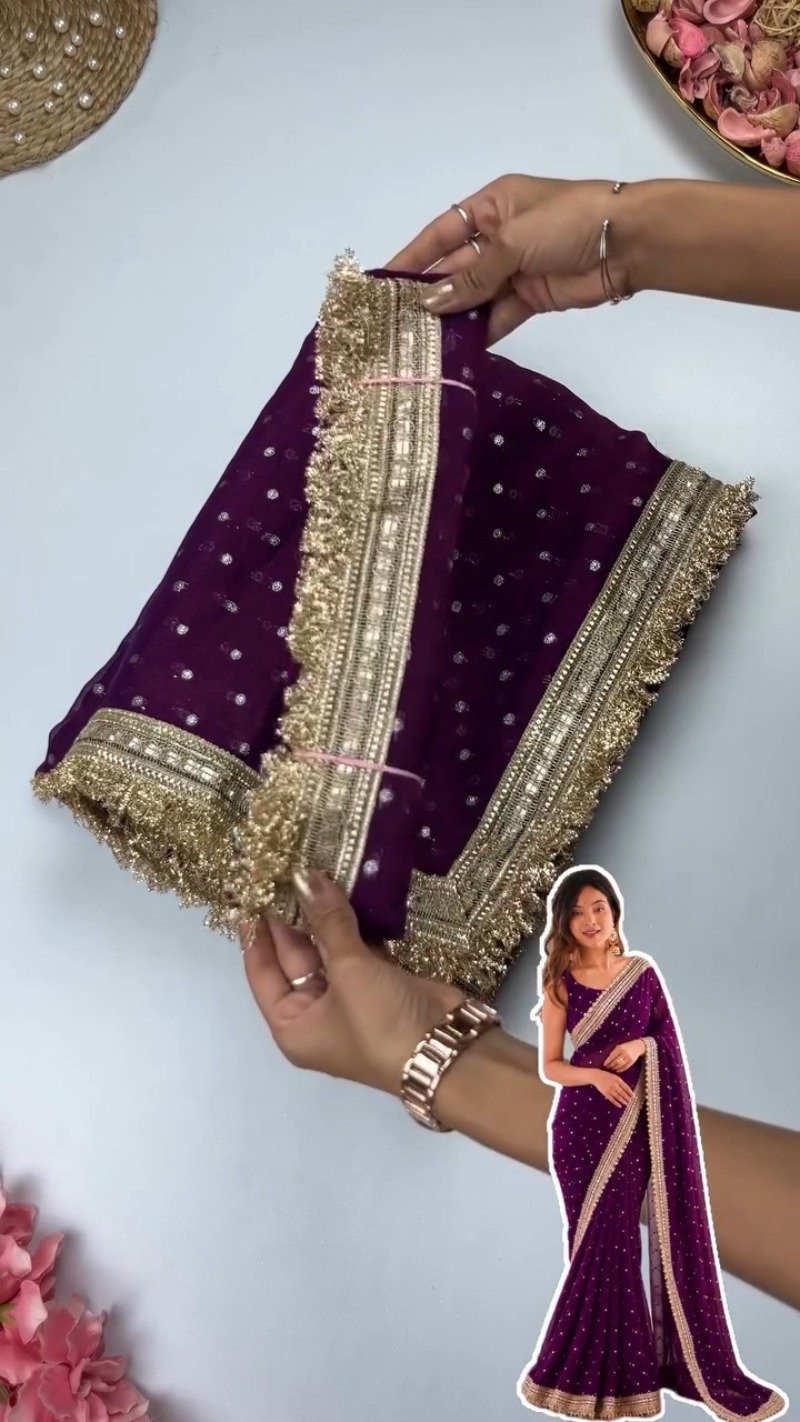 Radiant Sequin-Embellished Chiffon Saree with Ornate Zari Border β Available in Midnight Plum, Festive Red, Emerald Green, Mustard Yellow & Golden Sand - Image 4