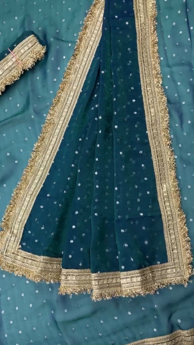 Radiant Sequin-Embellished Chiffon Saree with Ornate Zari Border β Available in Midnight Plum, Festive Red, Emerald Green, Mustard Yellow & Golden Sand - Image 7