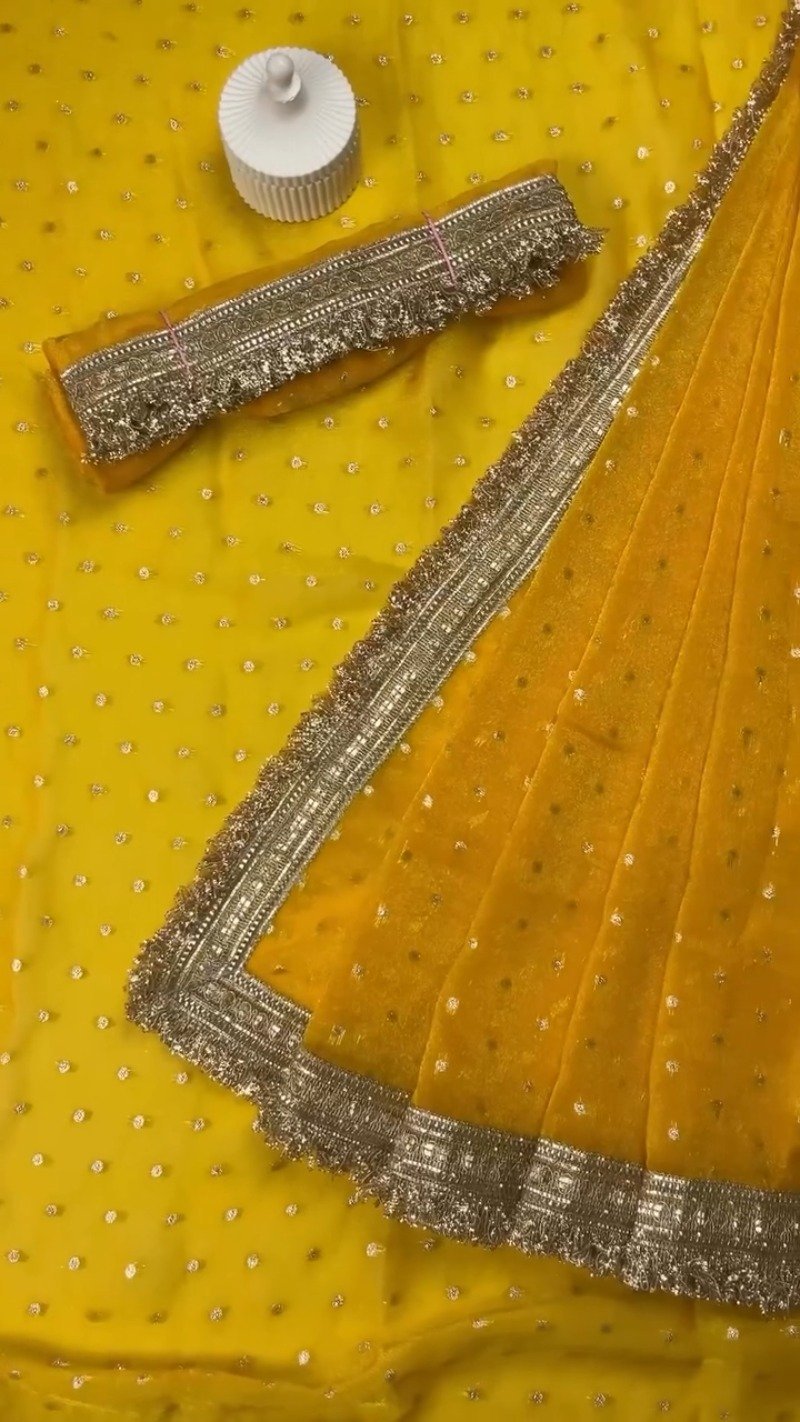 Radiant Sequin-Embellished Chiffon Saree with Ornate Zari Border β Available in Midnight Plum, Festive Red, Emerald Green, Mustard Yellow & Golden Sand - Image 9