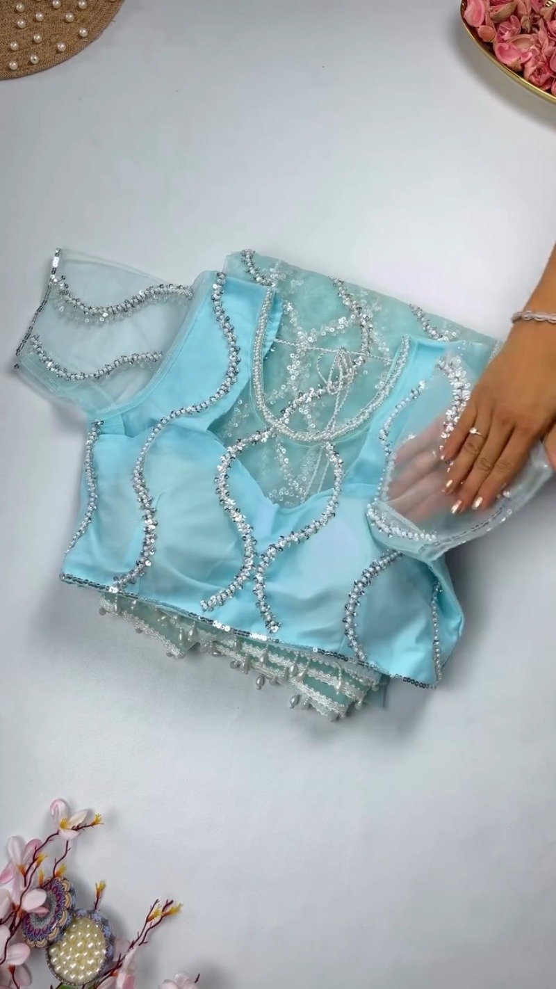 Ethereal Sequinned Organza Saree Set โ Available in Serene Sky Blue & Vibrant Fuchsia Pink - Image 2