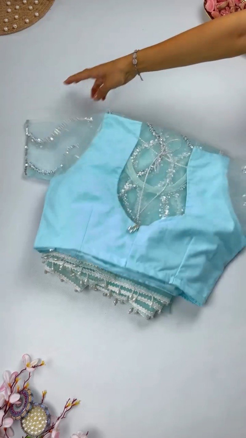 Ethereal Sequinned Organza Saree Set โ Available in Serene Sky Blue & Vibrant Fuchsia Pink - Image 3