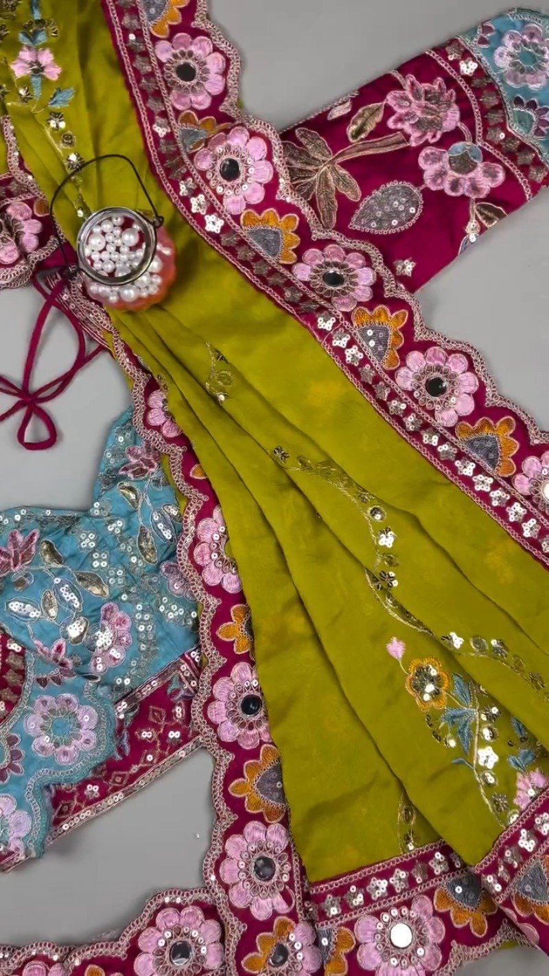 Olive & Fuchsia Embroidered Saree Ensemble โ Available in Olive-Fuchsia & Blue-Fuchsia