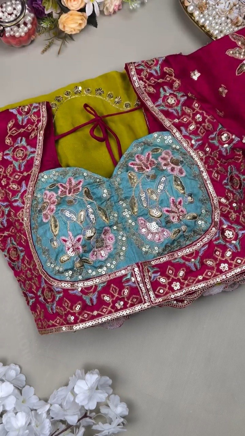 Olive & Fuchsia Embroidered Saree Ensemble โ Available in Olive-Fuchsia & Blue-Fuchsia - Image 3