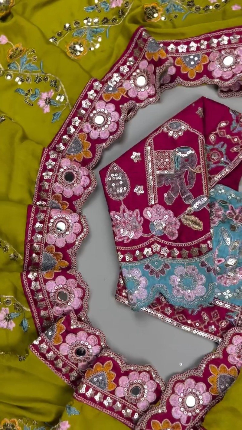 Olive & Fuchsia Embroidered Saree Ensemble โ Available in Olive-Fuchsia & Blue-Fuchsia - Image 5