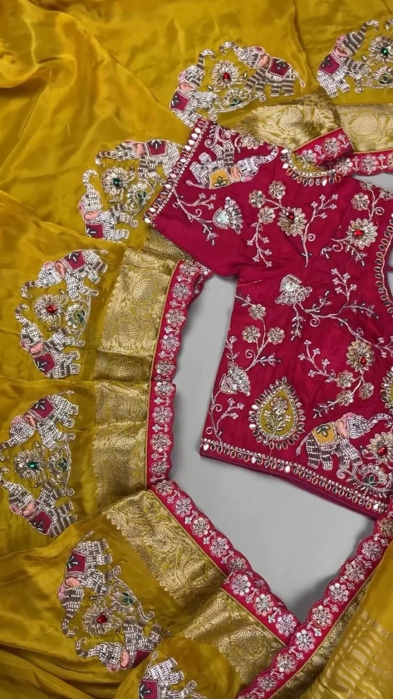 Royal Mustard Silk Saree with Hand-Embroidered Pink Elephant Motif Blouse β Available in Mustard & Pink