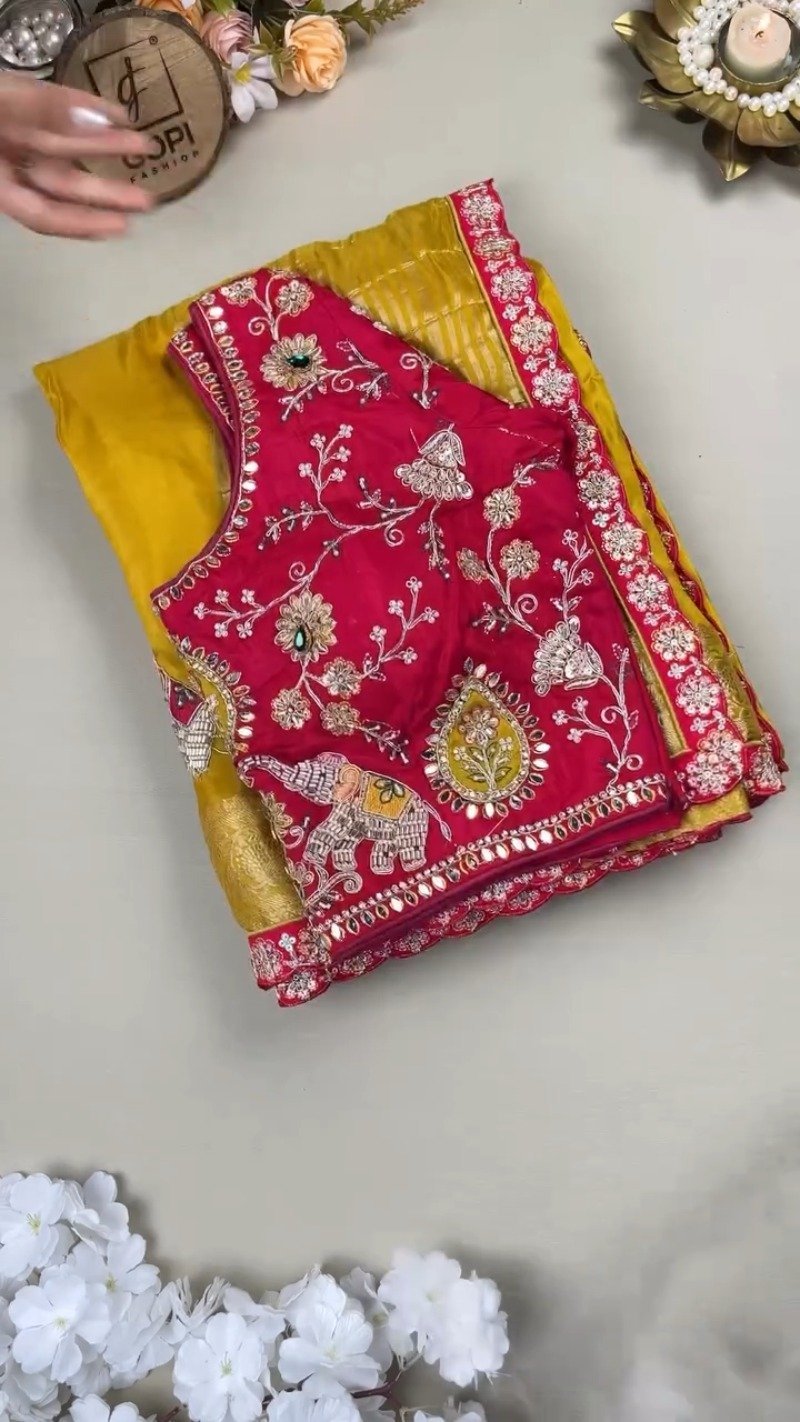Royal Mustard Silk Saree with Hand-Embroidered Pink Elephant Motif Blouse β Available in Mustard & Pink - Image 2