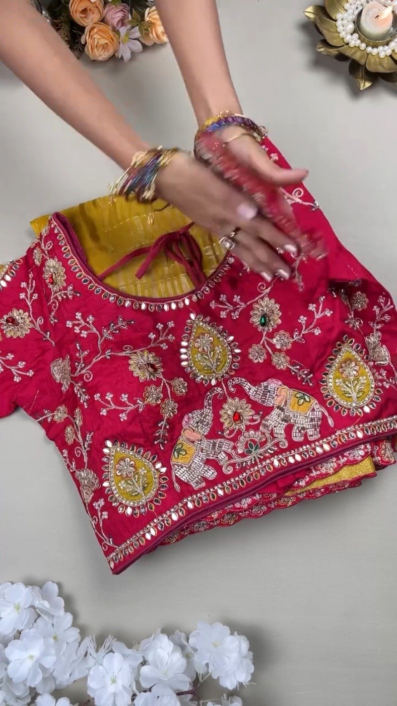 Royal Mustard Silk Saree with Hand-Embroidered Pink Elephant Motif Blouse β Available in Mustard & Pink - Image 3