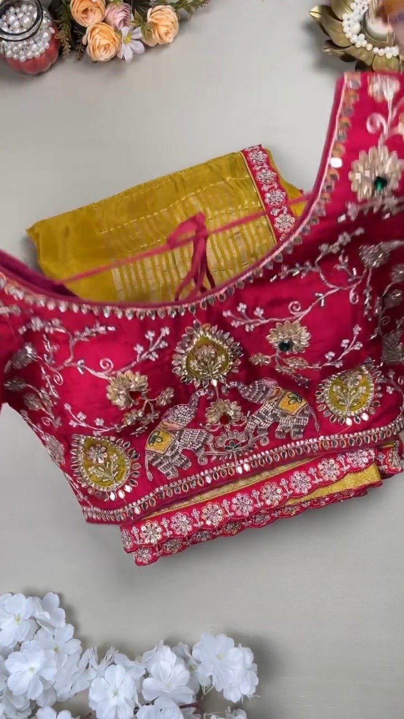 Royal Mustard Silk Saree with Hand-Embroidered Pink Elephant Motif Blouse β Available in Mustard & Pink - Image 4