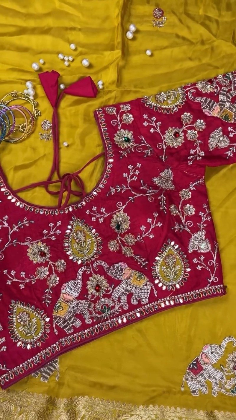 Royal Mustard Silk Saree with Hand-Embroidered Pink Elephant Motif Blouse β Available in Mustard & Pink - Image 5