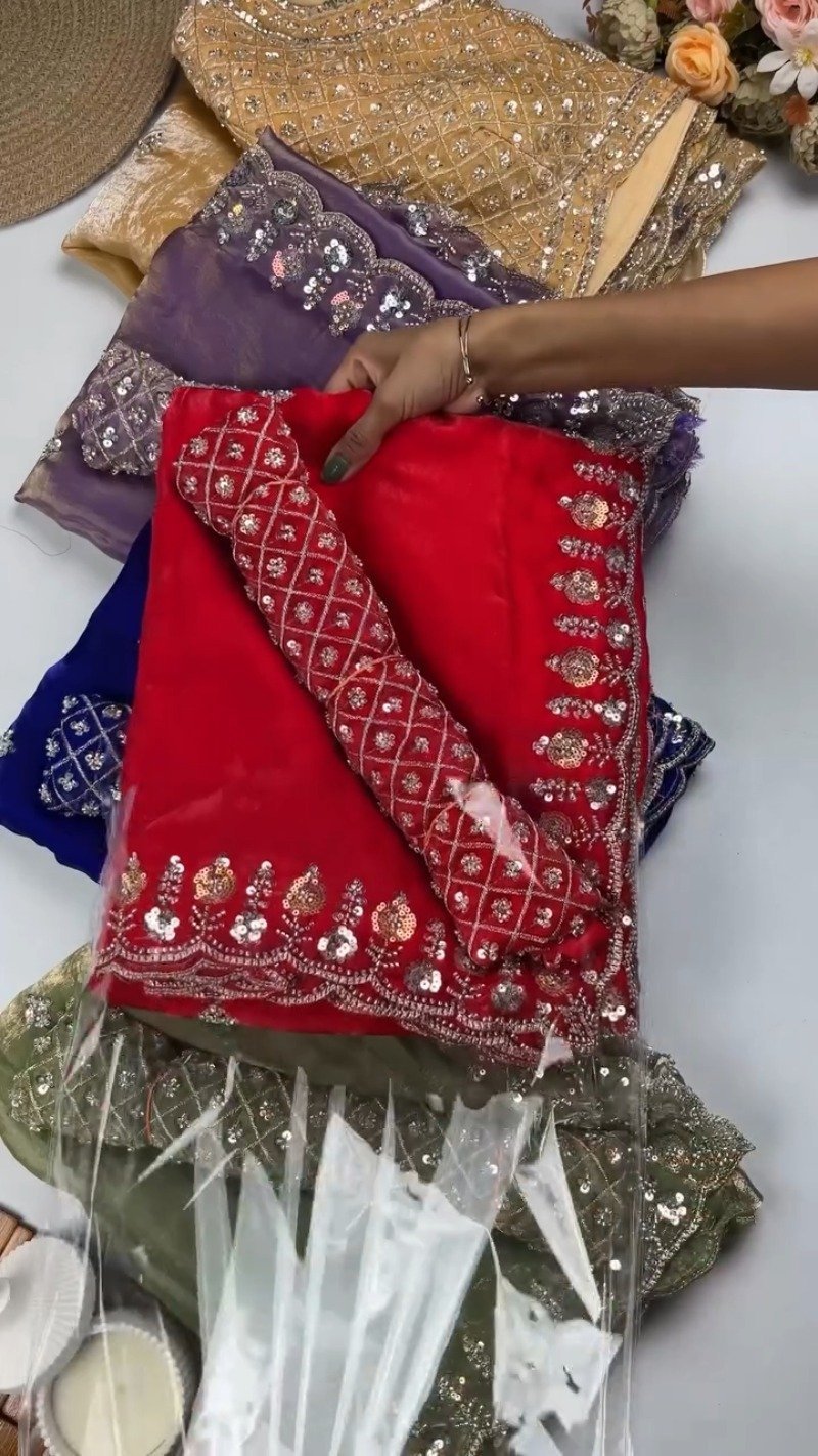 Opulent Velvet Sequined Festive Saree Set β Available in Mustard Gold, Royal Blue, Olive Green & Regal Red - Image 2