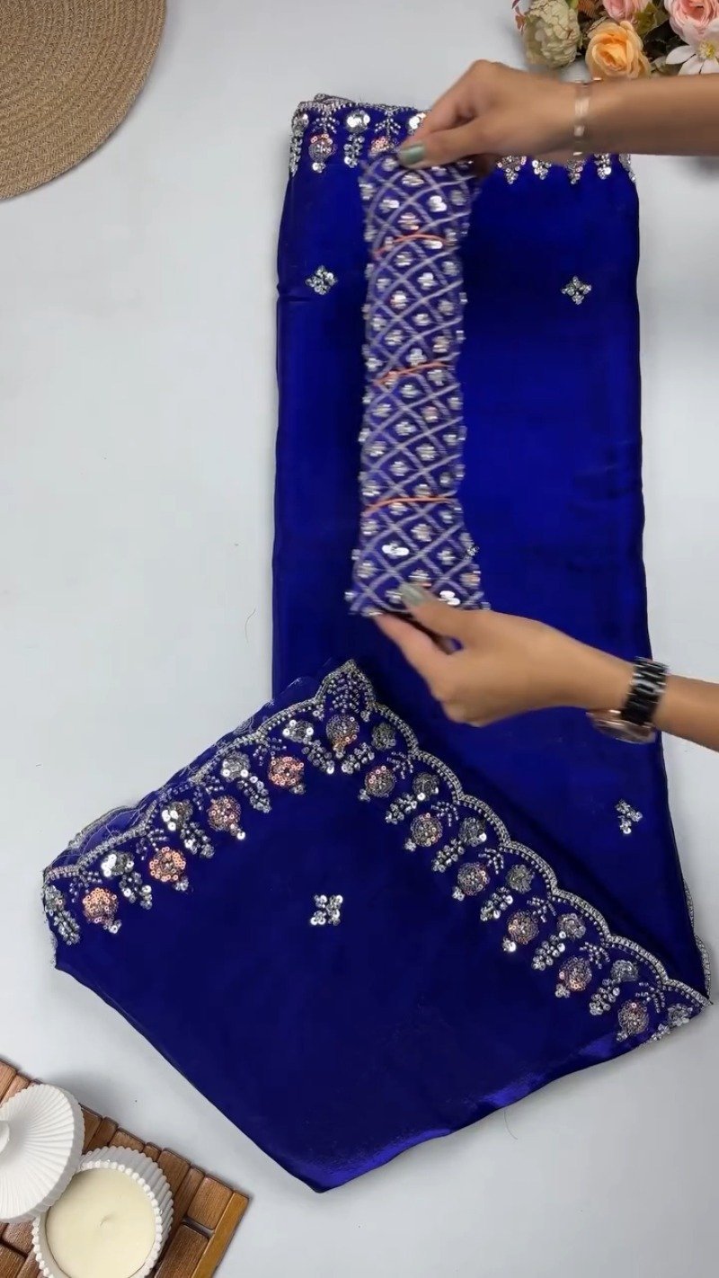 Opulent Velvet Sequined Festive Saree Set β Available in Mustard Gold, Royal Blue, Olive Green & Regal Red - Image 3